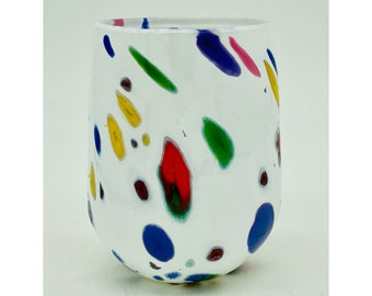 Hand Blown Glass: White and Rainbow Dots Stemless Wine Glass