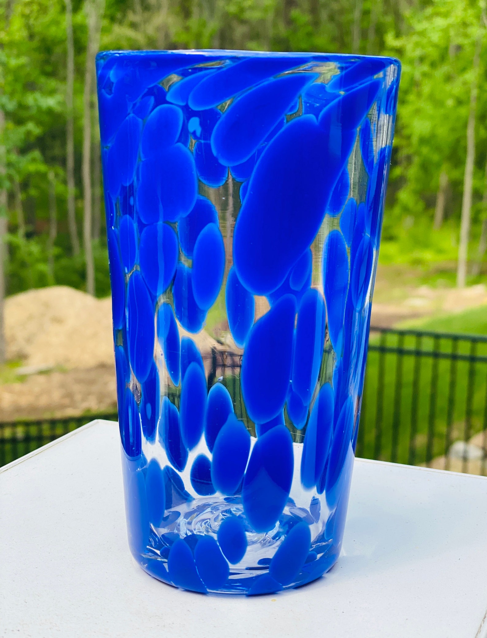 Hand Blown Glass Blue Polka Dot Pint Glass Etsy