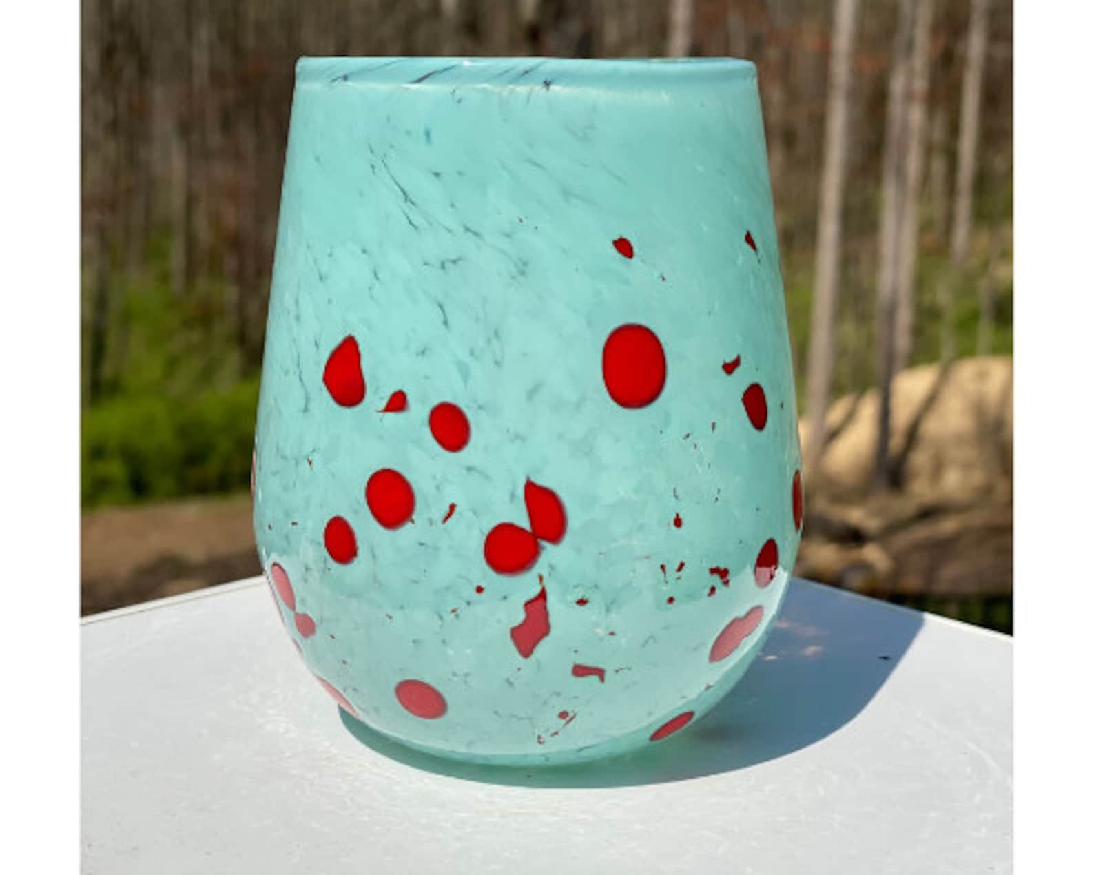 Hand Blown Glass Robins Egg Blue and Red Stemless Wine Glass Etsy