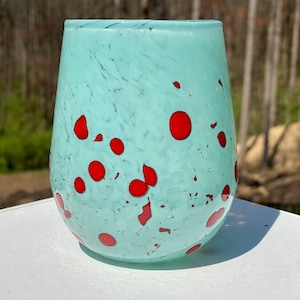 Hand Blown Glass: Robins Egg Blue and Red Stemless Wine Glass