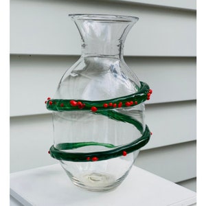 Hand Blown Glass: Clear Vase with Green and Red Wrap