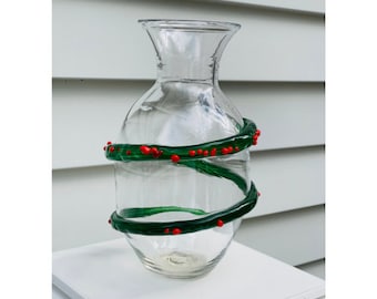 Hand Blown Glass: Clear Vase with Green and Red Wrap