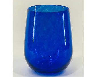 Hand Blown Glass: Blue Stemless Wine Glass