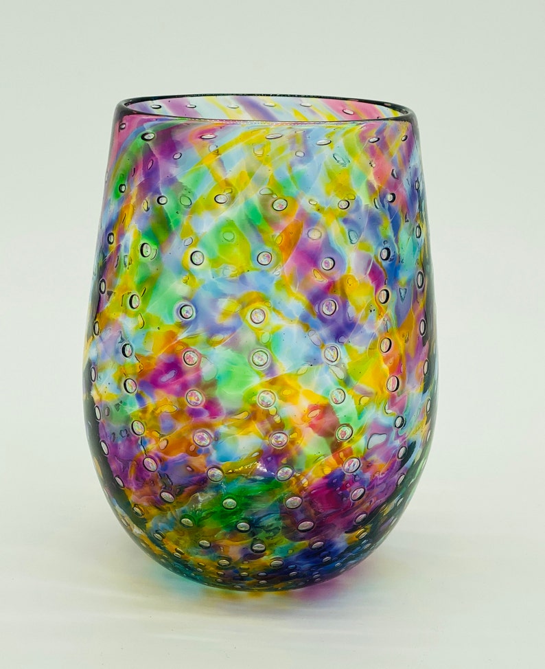 Purple Mix Bubble Stemless Wine Glass Hand Blown Glass