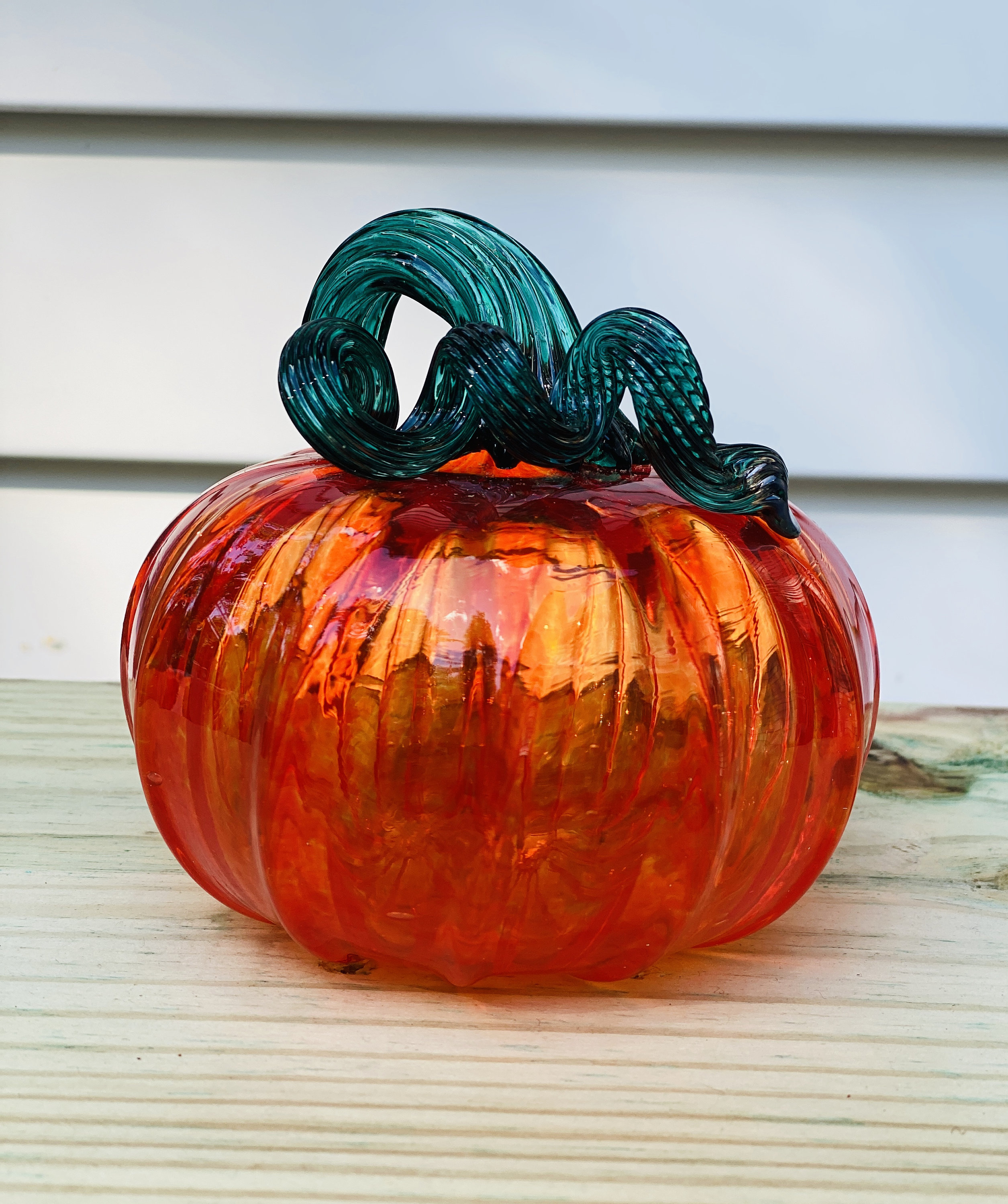 Hand Blown Glass: Transparent Orange Pumpkin With Jade Green Stem
