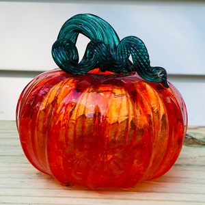 Hand Blown Glass: Transparent Orange Pumpkin with Jade Green Stem