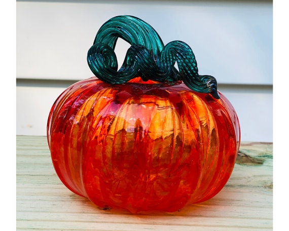Hand Blown Glass: Transparent Orange Pumpkin With Jade Green Stem