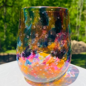 Hand Blown Glass: Orange Mix Bubble Stemless Wine Glass