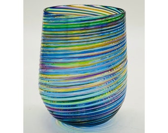 Hand Blown Glass: Blue Mix Optic Twist Stemless Wine Glass