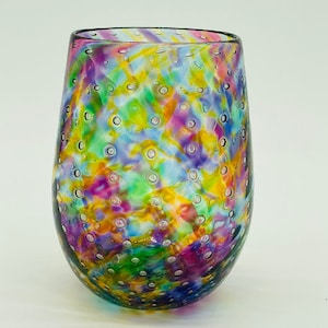 Hand Blown Glass: Purple Mix Bubble Stemless Wine Glass