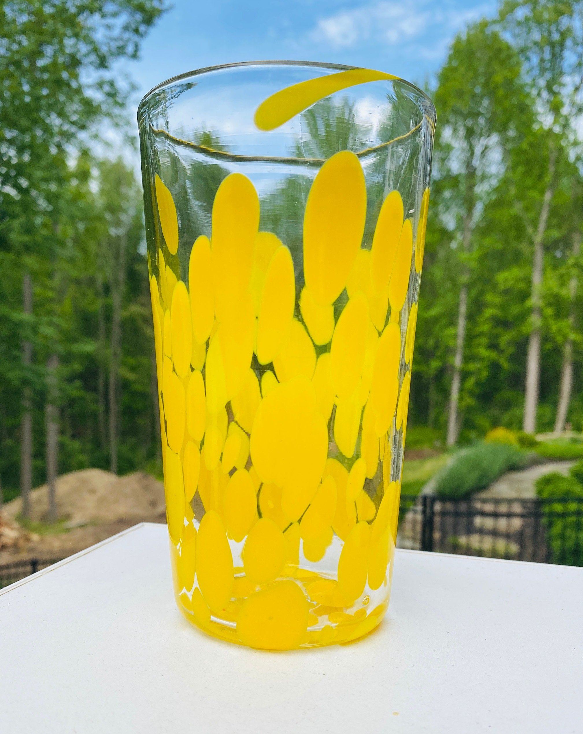 Hand Blown Glass Yellow Polka Dot Pint Glass Etsy