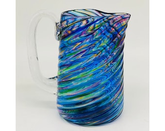 Hand Blown Glass: Blue Mix Optic Twist Pitcher