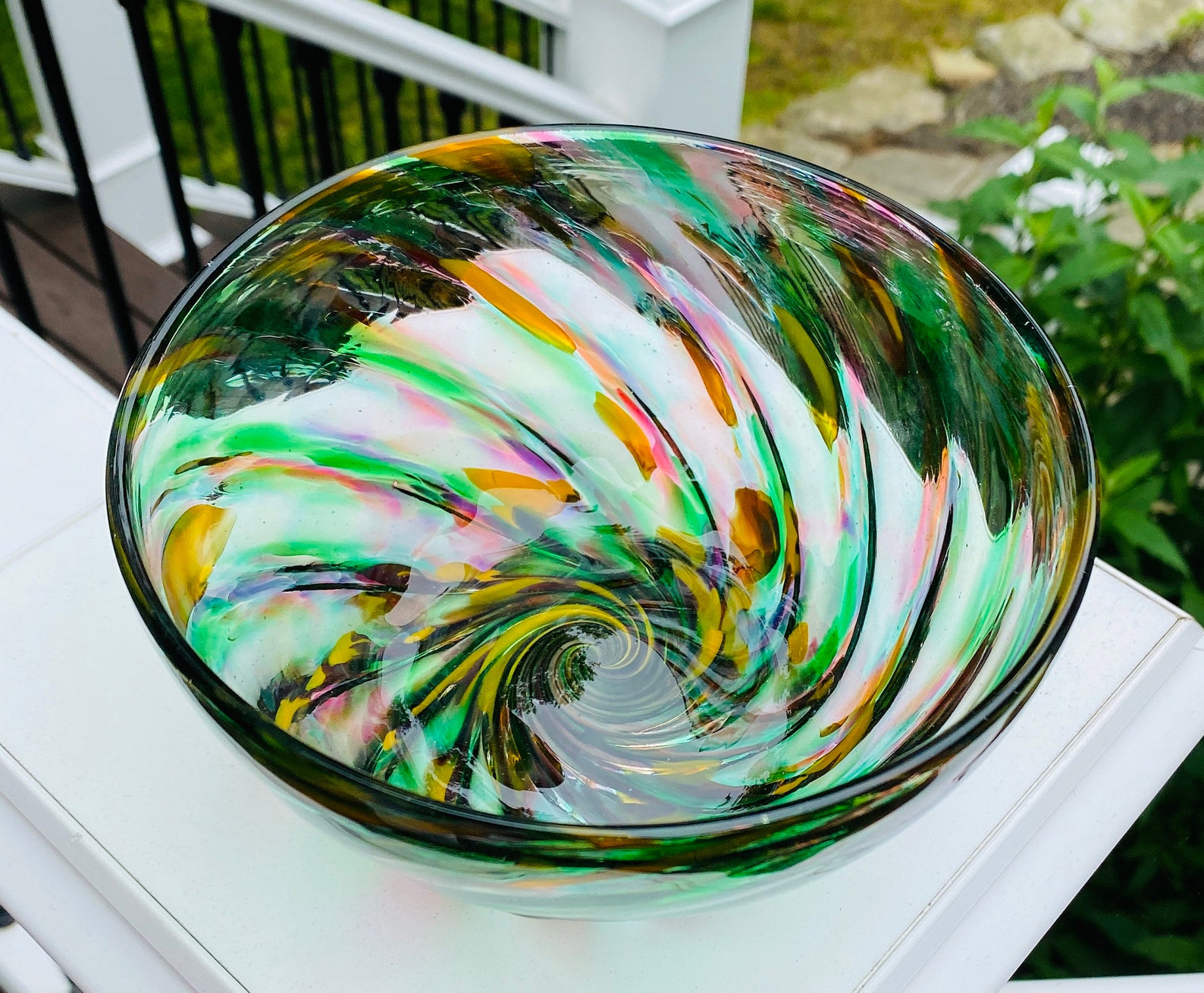 Hand Blown Glass Green Mix Optic Twist Bowl Etsy