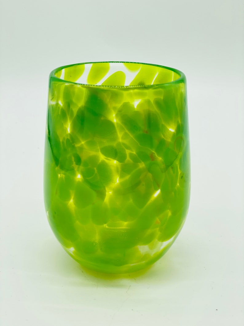 Hand Blown Glass Lime Green Stemless Wine Glass Etsy