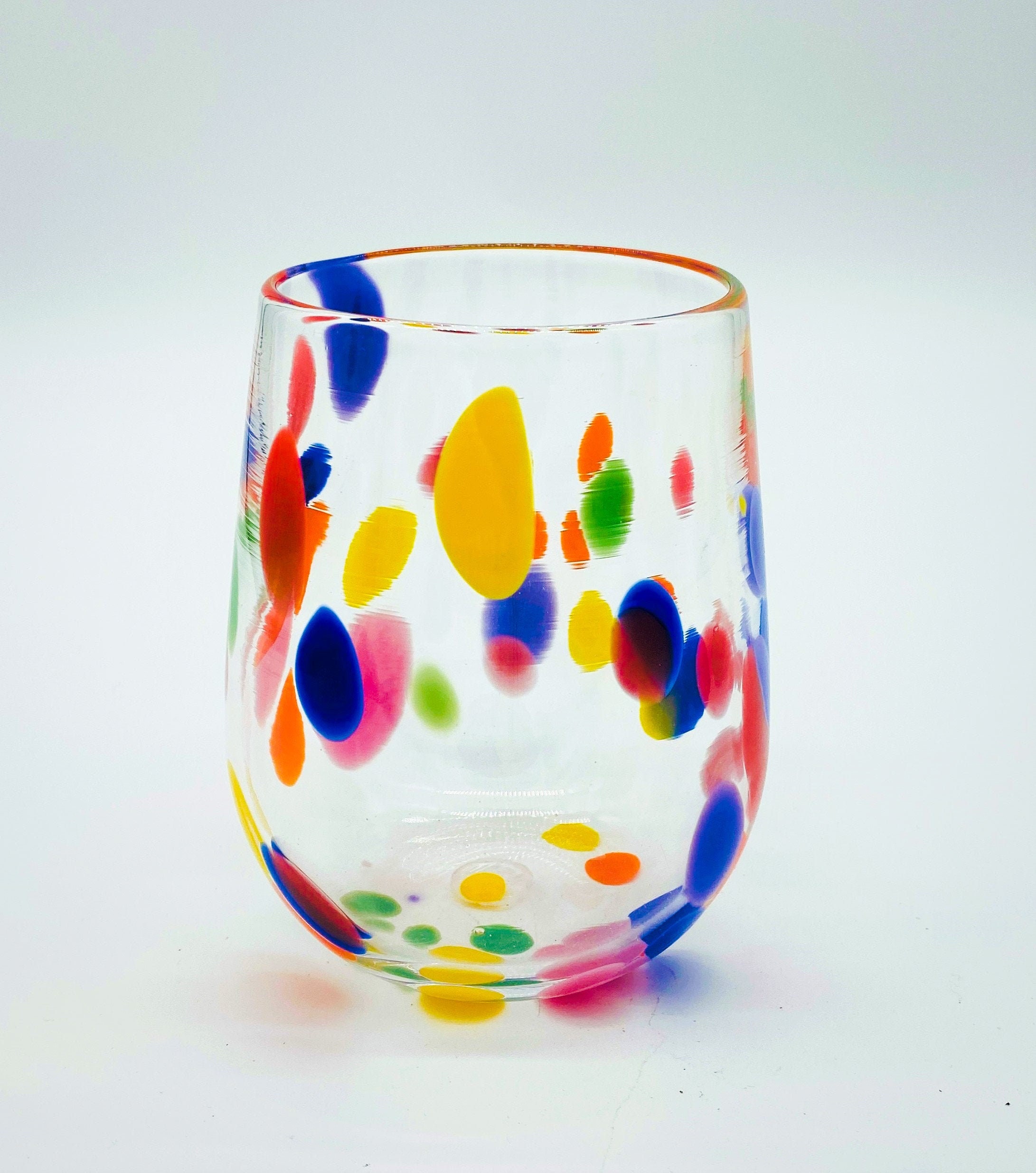 Hand Blown Glass Rainbow Dots Stemless Wine Glass Etsy