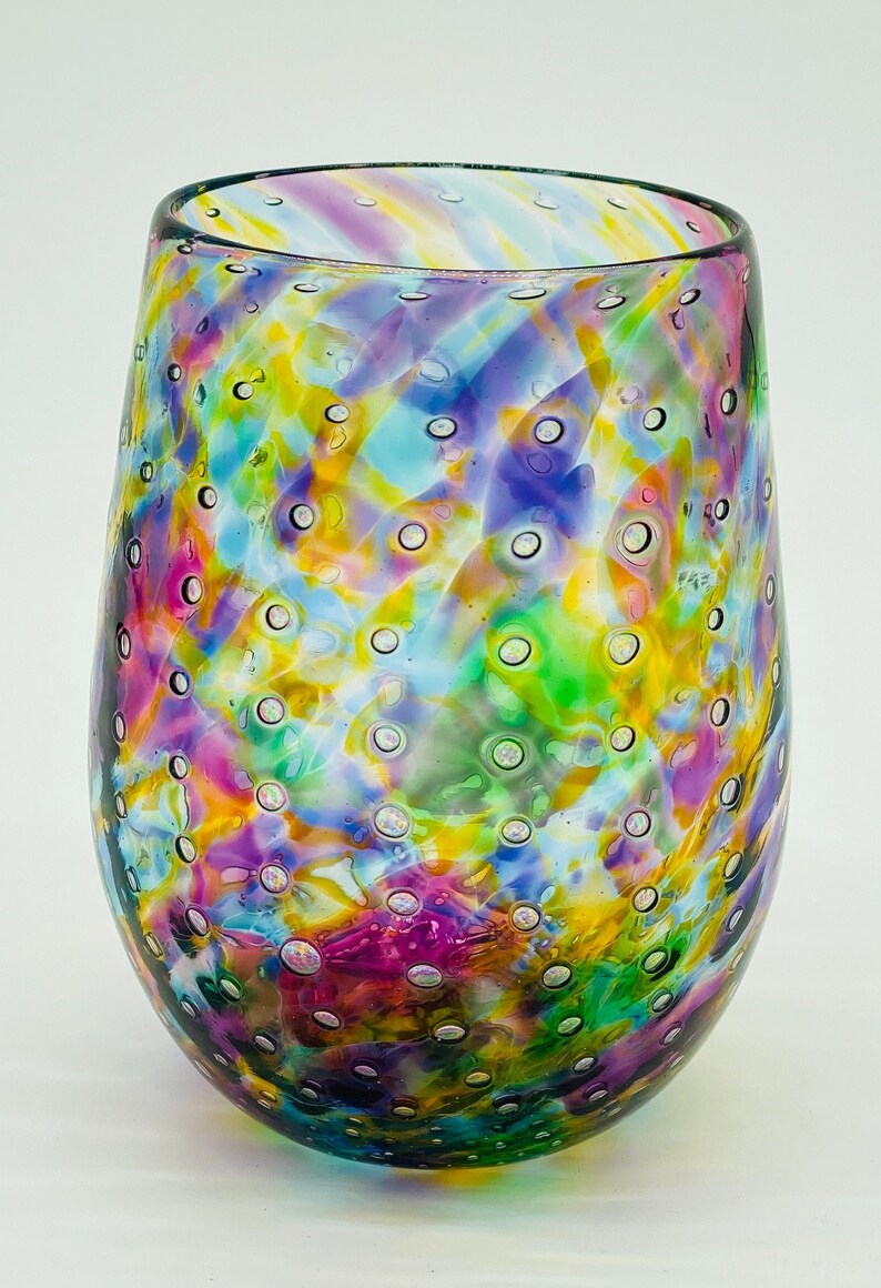 Purple Mix Bubble Stemless Wine Glass Hand Blown Glass