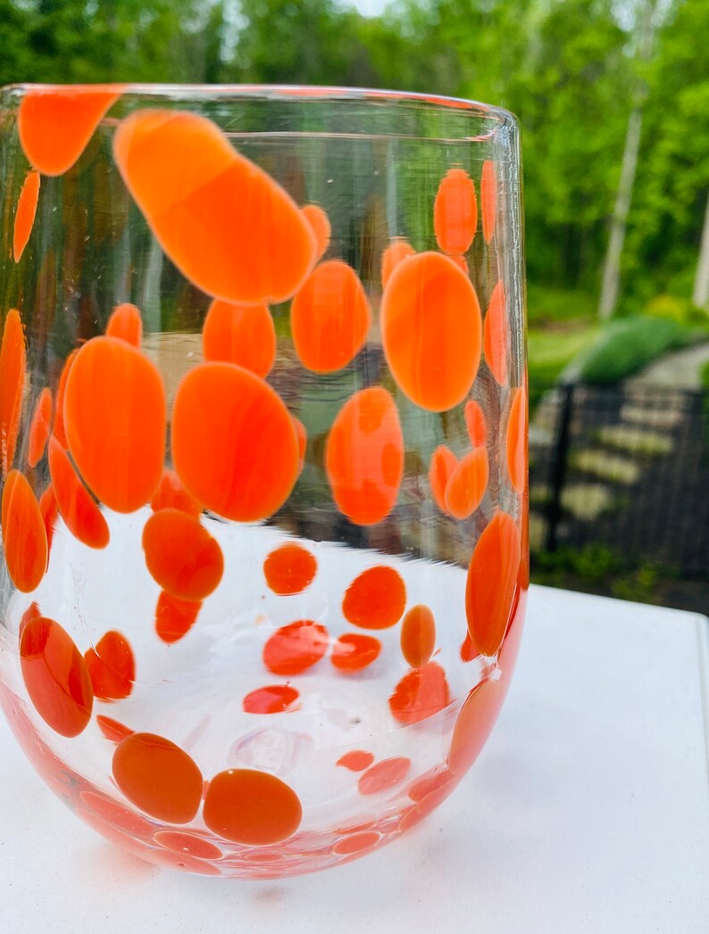Hand Blown Glass Orange Polka Dot Stemless Wine Glass Etsy