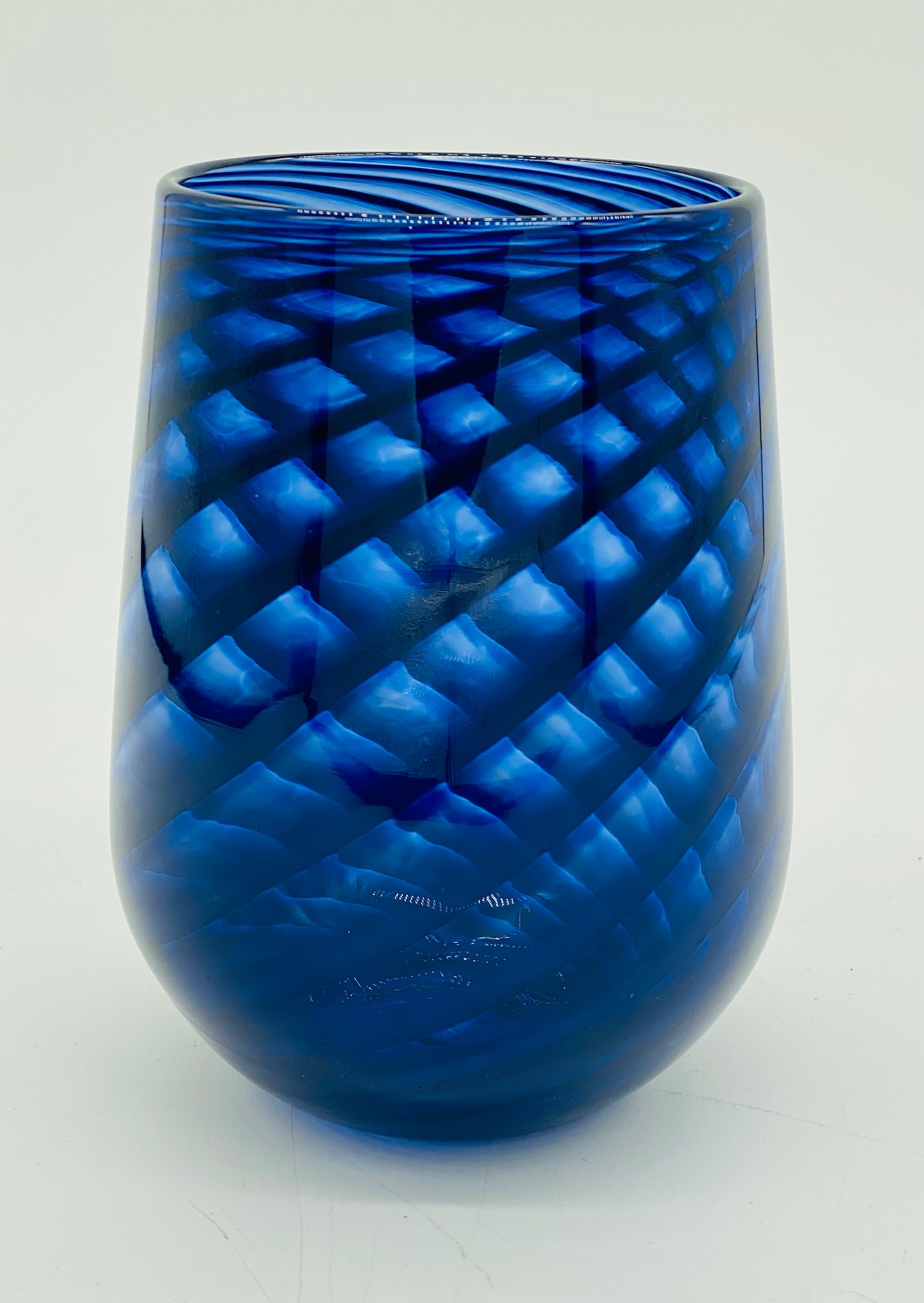 Hand Blown Glass Navy Blue Optic Twist Stemless Wine Glass Etsy