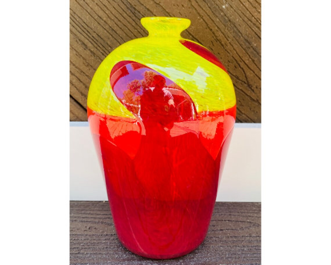 Hand Blown Glass Red and Yellow Vase Etsy