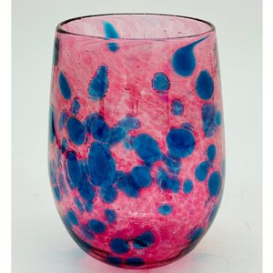 Hand Blown Glass: Pink with Blue Dots Stemless Wine Glass