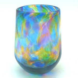 Hand Blown Glass: Blue Mix Stemless Wine Glass