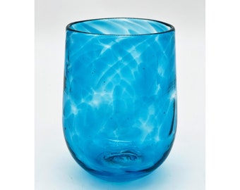 Hand Blown Glass: Copper Blue Stemless Wine Glass