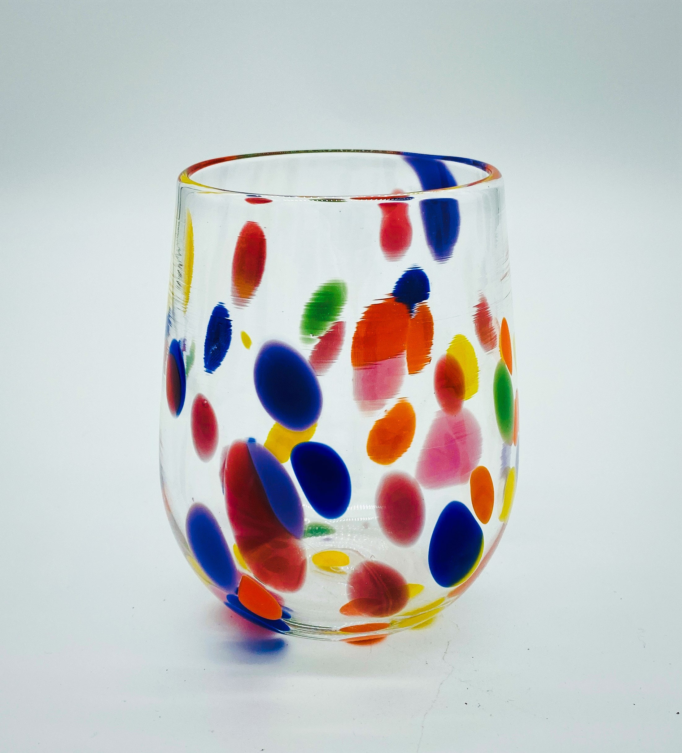 Hand Blown Glass Rainbow Dots Stemless Wine Glass Etsy