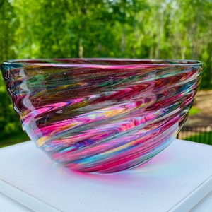 Hand Blown Glass: Pink Mix Optic Twist Bowl