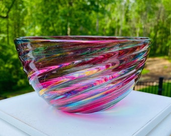 Hand Blown Glass: Pink Mix Optic Twist Bowl