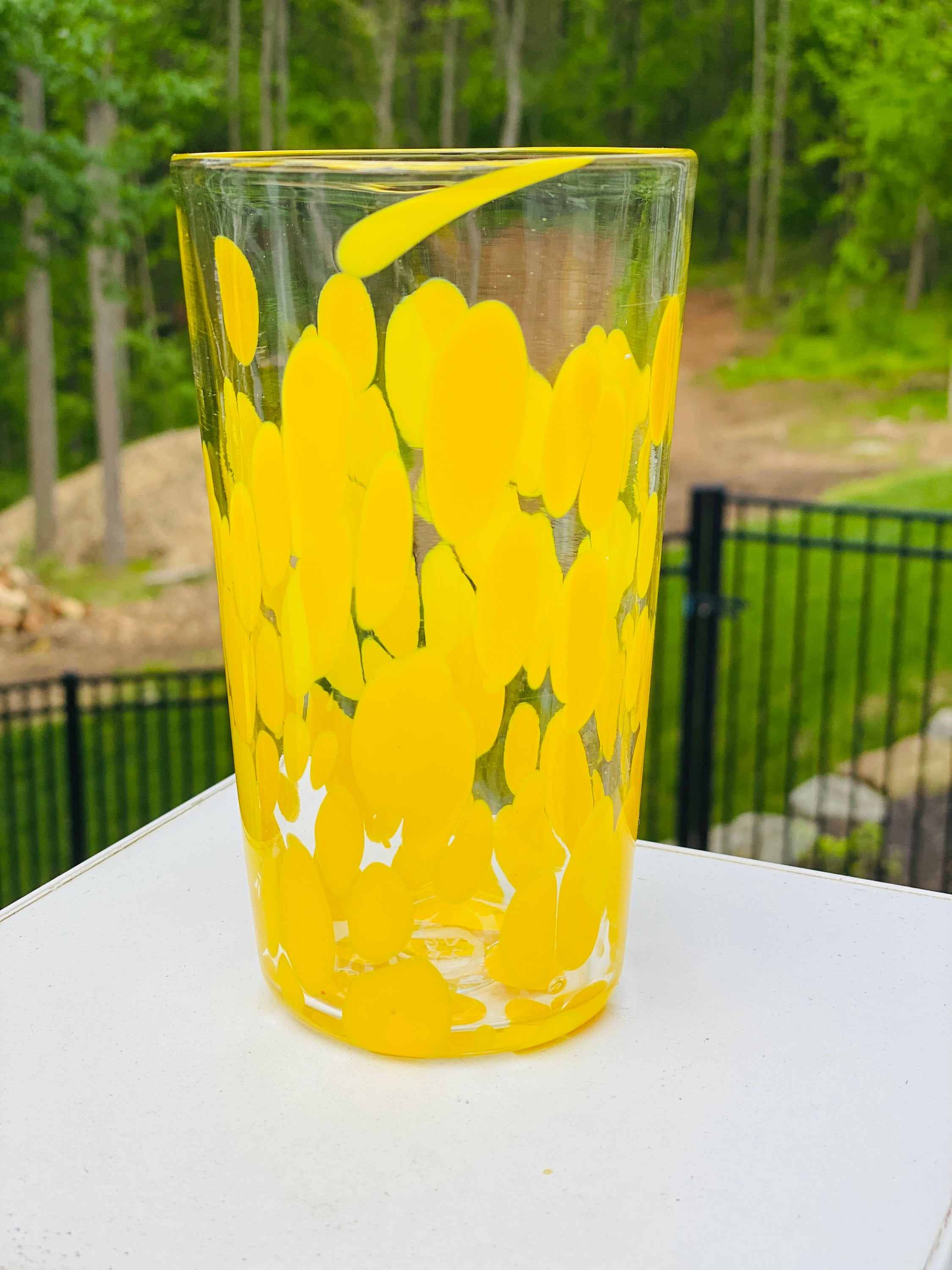 Hand Blown Glass Yellow Polka Dot Pint Glass Etsy