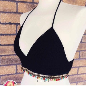 Black BEADED embellished crochet crop top / bralette / bralet