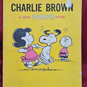 May include: A yellow book cover with the title "SUNDAY'S FUN DAY CHARLIE BROWN" and the text "A NEW PEANUTS BOOK". The cover features a cartoon illustration of Charlie Brown, Snoopy, and Lucy. The price is $1.00.