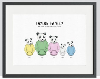 Panda Portrait Custom Family Print, House Warming Wall Art Decor Gift,  Birthday Gift for Mum, 1st Anniversary Gift, Present for Parents