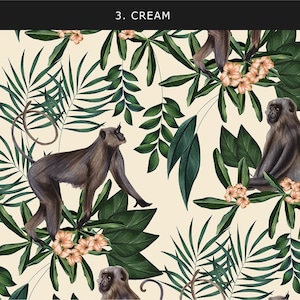 May include: A seamless pattern featuring monkeys and tropical foliage in shades of green, brown, and cream. The monkeys are depicted in a realistic style, with detailed fur and facial expressions. The foliage includes palm leaves, ferns, and other tropical plants.