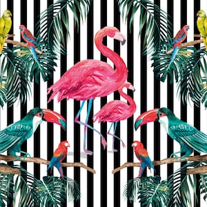 May include: A black and white striped background with pink flamingos, green and red parrots, and blue and green toucans. The birds are perched on branches with green leaves.