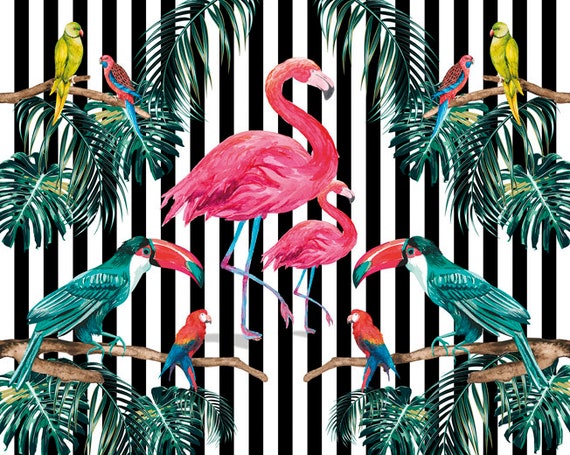 Tropical Rainforest Flamingo Wallpaper Murals, Tropical Green Leaves Rainforest Background, Exotic Parrots Tropical Vibes Pink Wall Decor