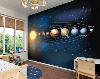 Solar System Universe Planets Wallpaper Mural, Outer Space Universe Boys Bedroom Wallpaper Mural Decor, Outer Space Solar System Wall Art