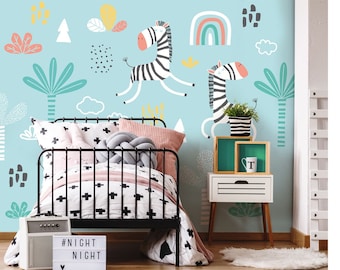 Dancing Zebras Blue Wall Mural