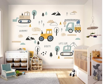 Tractors Diggers Wallpaper Mural, Little Builders Cartoon Trucks Wall Design, Duck Egg Blue Kids Nursery, Boys Construction Site Themed Room