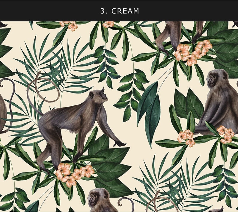 May include: A seamless pattern featuring monkeys and tropical foliage in shades of green, brown, and cream. The monkeys are depicted in a realistic style, with detailed fur and facial expressions. The foliage includes palm leaves, ferns, and other tropical plants.