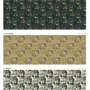 May include: A repeating pattern of monkeys sitting in trees with green leaves and pink flowers. The background is dark green, mustard yellow, and cream.
