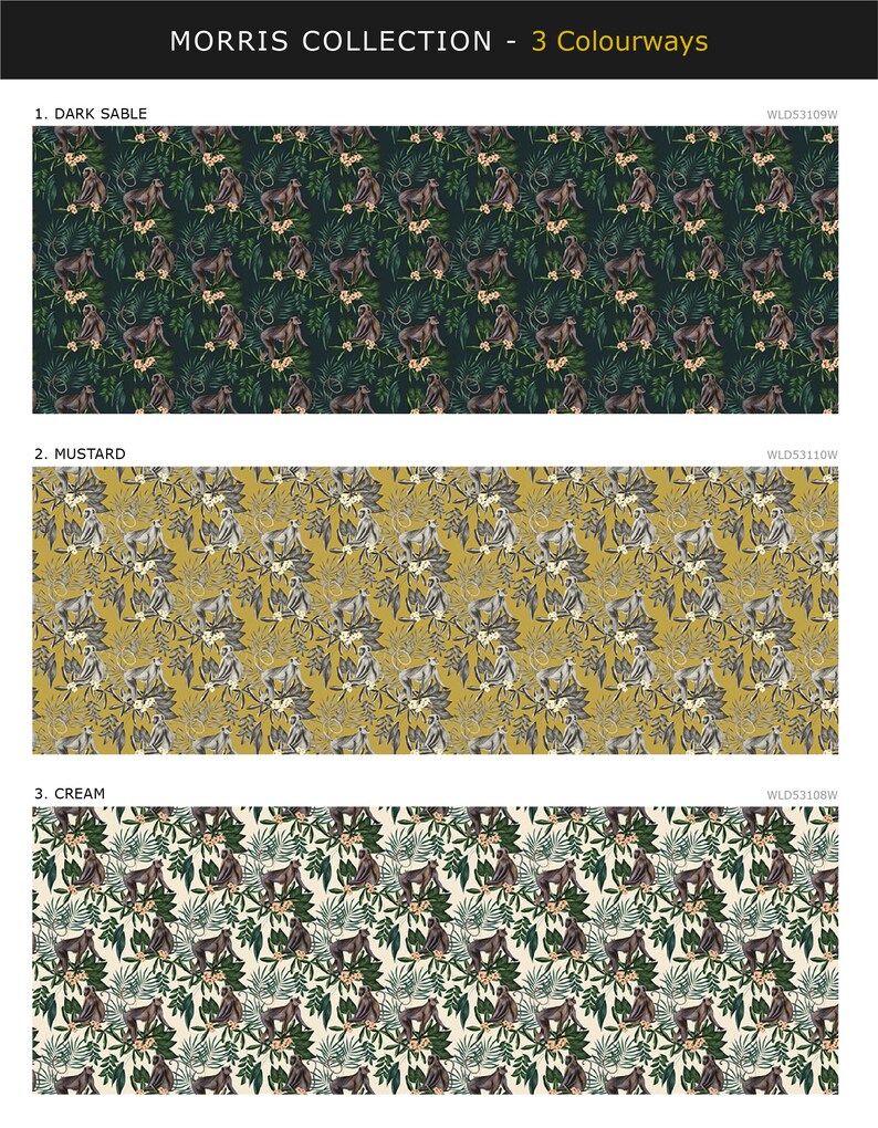 May include: A repeating pattern of monkeys sitting in trees with green leaves and pink flowers. The background is dark green, mustard yellow, and cream.