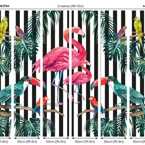 May include: A tropical wallpaper mural featuring pink flamingos, toucans, and parrots on a black and white striped background. The mural is 9 feet 10 inches wide and 7 feet 10 inches tall.