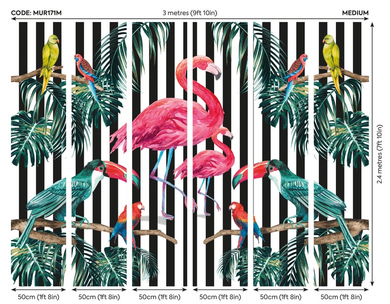 May include: A tropical wallpaper mural featuring pink flamingos, toucans, and parrots on a black and white striped background. The mural is 9 feet 10 inches wide and 7 feet 10 inches tall.