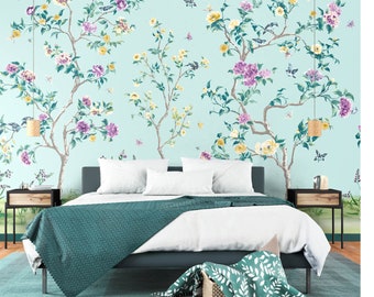 Oriental Flower Tree Blue Wall Mural