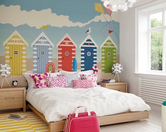 Beach Huts Seaside Wallpaper Mural, Designer Beach Hut Seaside Themed Nursery Room Decor, Costal Beach Wall Decor, Beach Hut Girls Bedroom