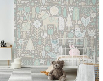 Scandinavian Woodland Animals Wallpaper Mural, Neutral Forest Animal Wall Mural with Fox Rabbit Horse Bird, Boho Kids Room Decor