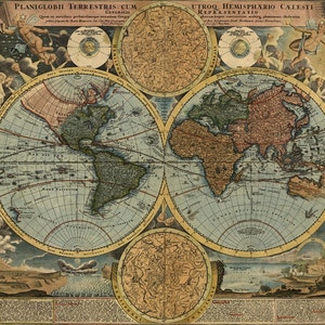 May include: A vintage world map with a blue background and detailed landmasses in shades of green, brown, and red. The map is surrounded by a decorative border with celestial imagery and the text "Planiglobi Terrestris Cum Generalis" and "Utroq. Hemisphario Caelesti Repraesentatio".