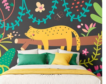 Sleeping Leopard in Tropical Forest, Children’s Jungle Safari Mural with Leaves & Butterflies