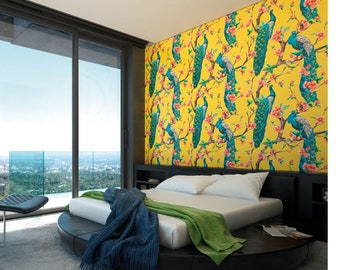Flowery Peacocks Yellow Wall Mural